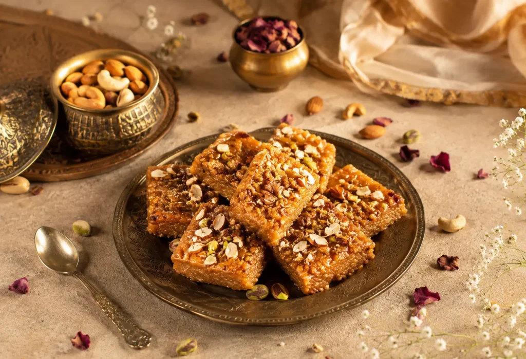 Freshly cut Baloch Special Sohan Halwa on a brass plate