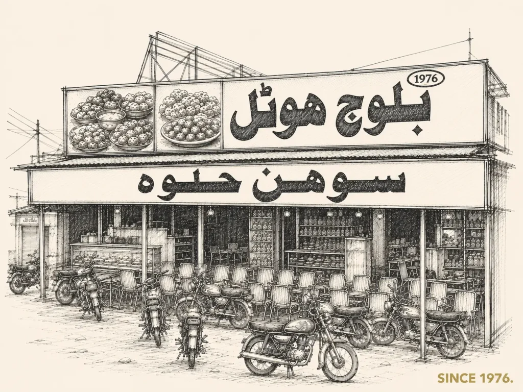 Illustration of the Baloch Hotel shopfront in Dera Ismail Khan, established 1976