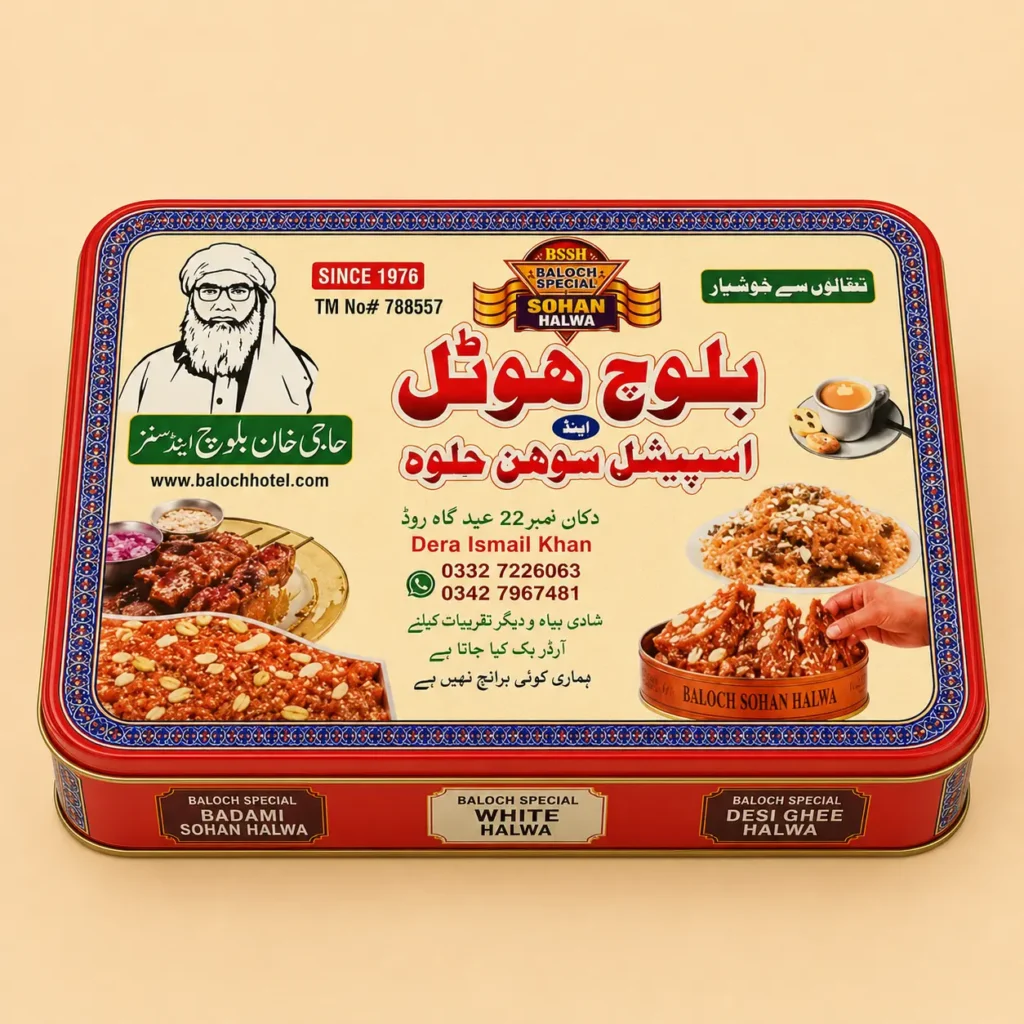 Baloch Hotel tin showing the Badami Sohan, White and Desi Ghee halwas